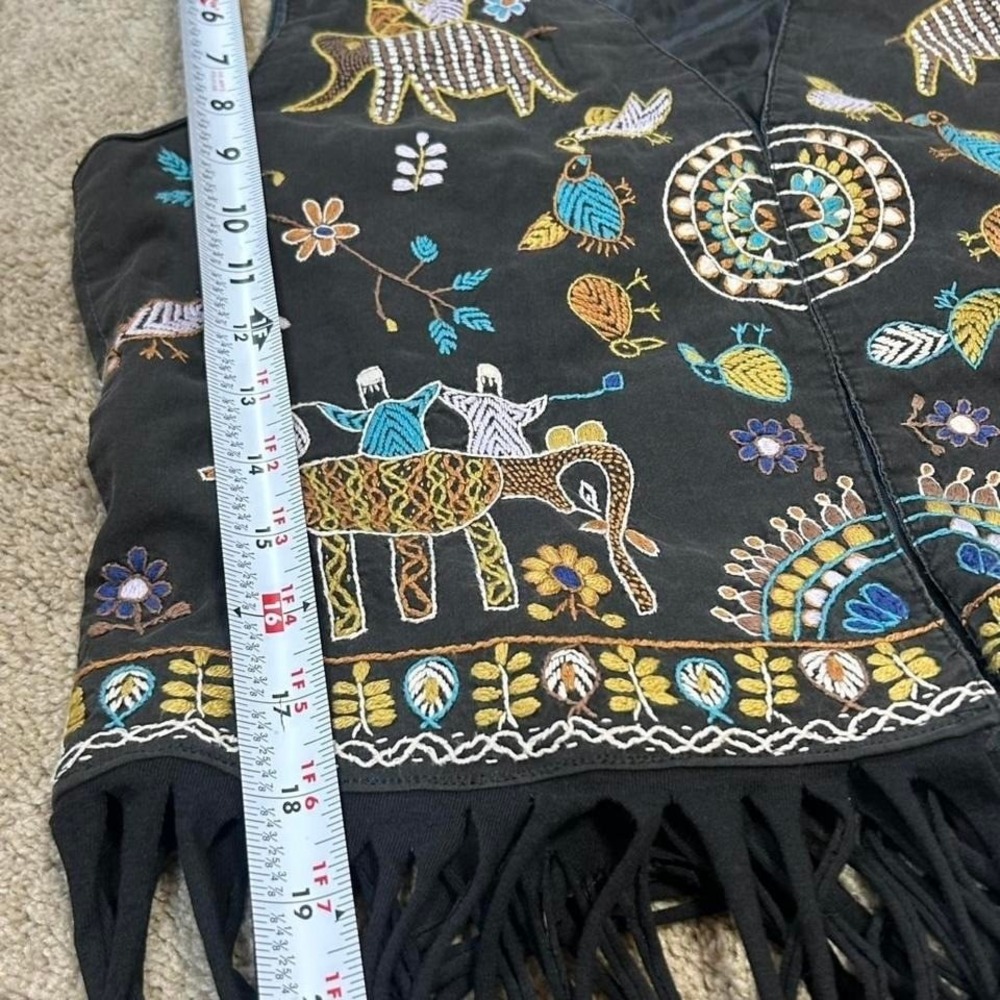 Upcycled Boho Tribal Embroidered Open Vest Fringed Hem Cowgirl Western Festival - Picture 3 of 5